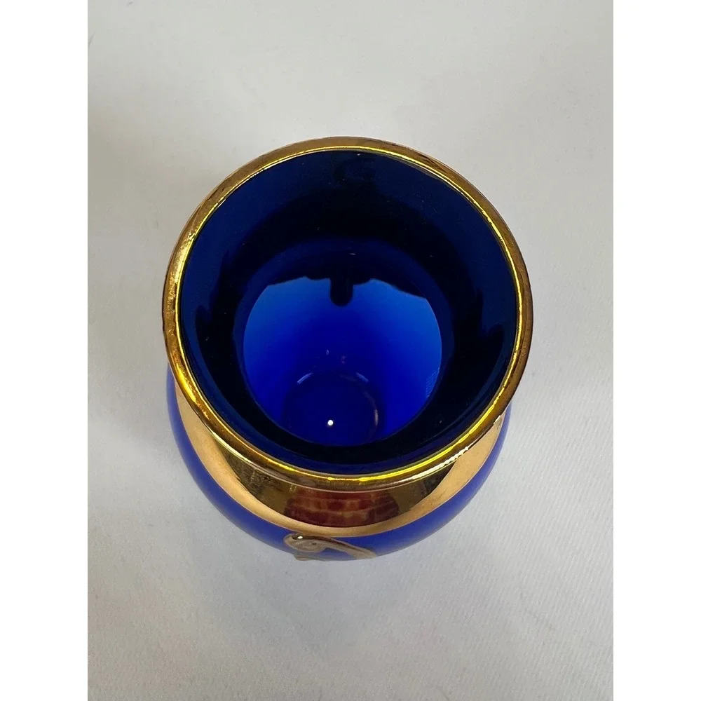 Vintage Murano Style Cobalt Blue Glass Bud Vase 24K Gold Enamel Flower 3.25